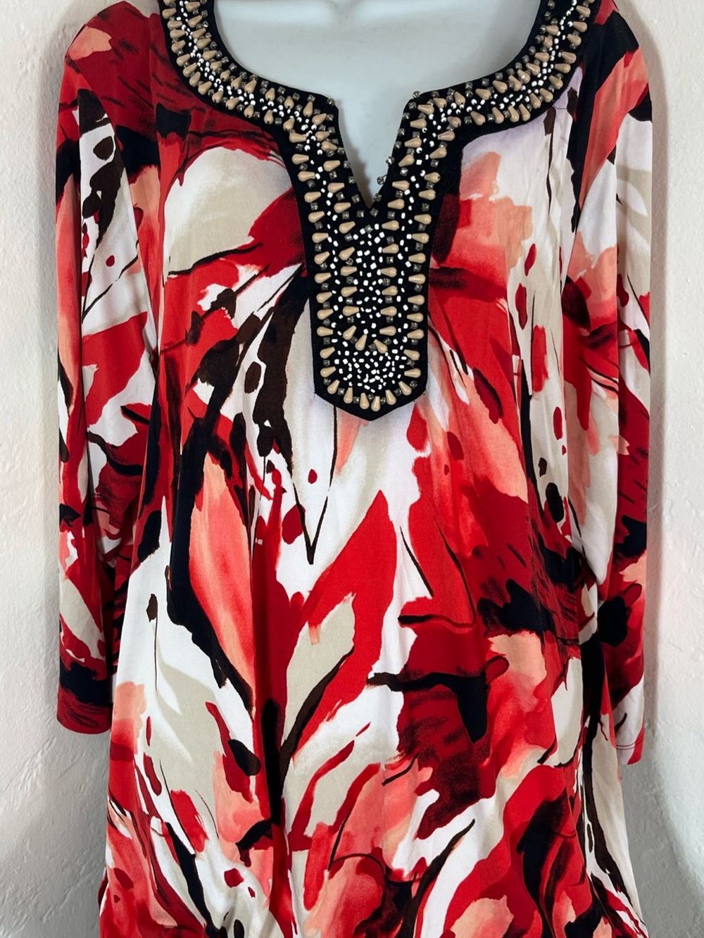 M Collection Beaded Neckline Abstract Red Multi Tunic size 3x